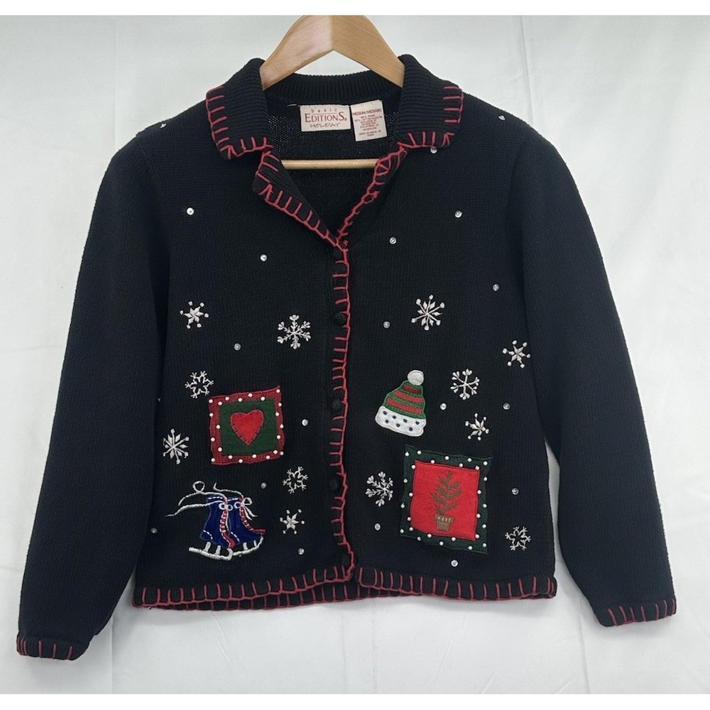 Basic Editions Black Cardigan with Festive Christmas Sweater Vintage Medium‎